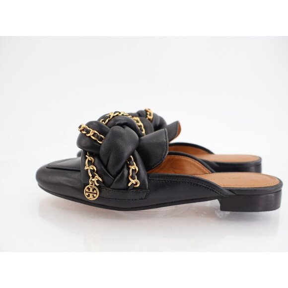 Tory Burch Womens Mule Flat Size 5.5 Black Leather Chain Link Slip On Shoes - Picture 5 of 13